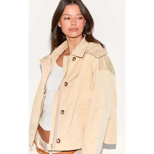 Beige Hooded Zip Up Trench