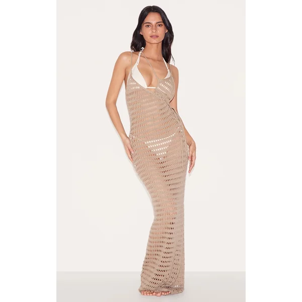 Beige Knit Crochet Bust Detail Maxi Dress