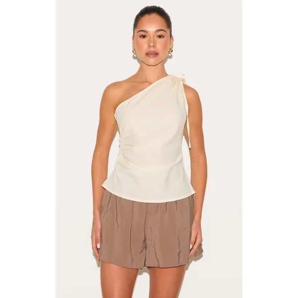 Beige Lightweight Woven Ruched Asymmetric Long Top