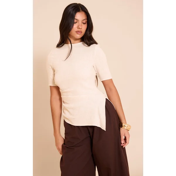 Beige Lightweight Woven Ruched Side Detail T Shirt