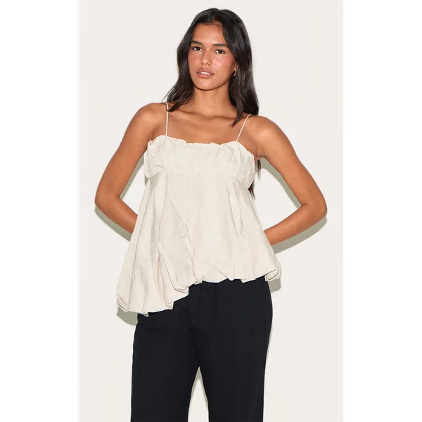 Beige Linen Blend Puff Ball Asymmetric Cami