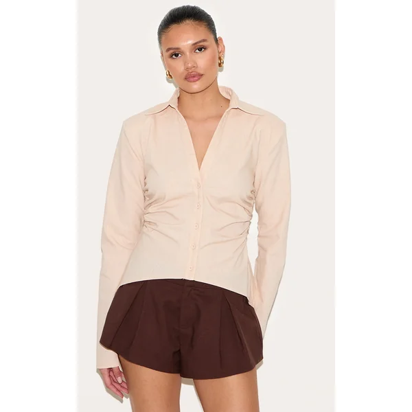 Beige Linen Blend Shoulder Padded Fitted Shirt
