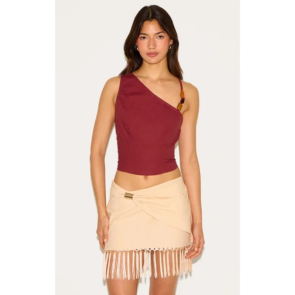 Beige Linen Gold Trim Tassle Hem Mini Skirt
