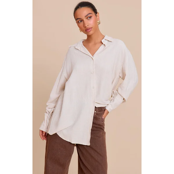 Beige Linen Look Boxy Oversized Shirt