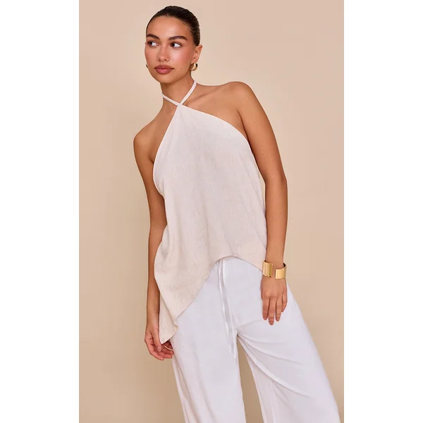 Beige Linen Look Halter Neck Flowy Top