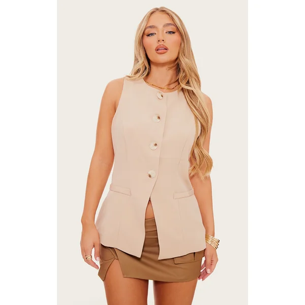 Beige Longline Crew Neck Vest