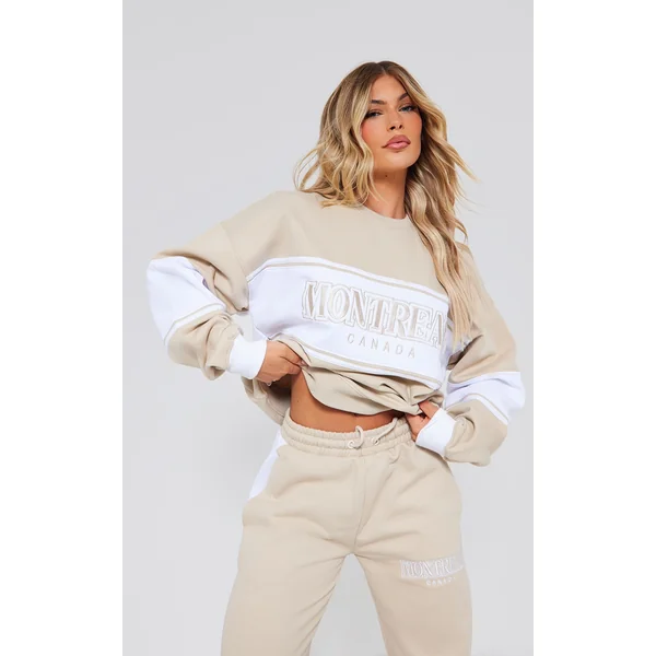Beige Montreal Embroidered Panelled Oversized Sweatshirt