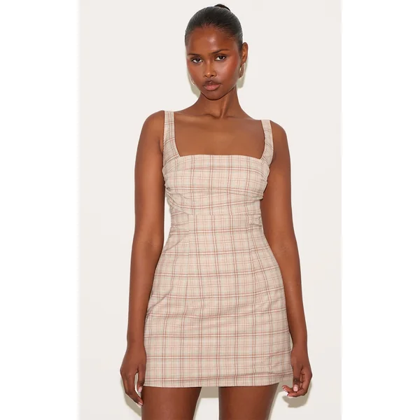 Beige Multi Checked Bodice A-line Dress