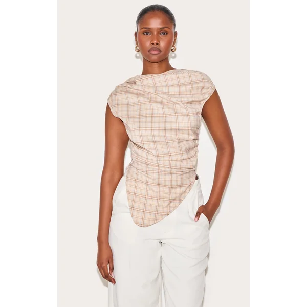 Beige Multi Checked Ruched Top