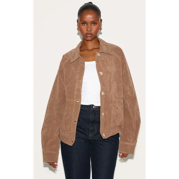 Beige Oversized Faux Suede Jacket