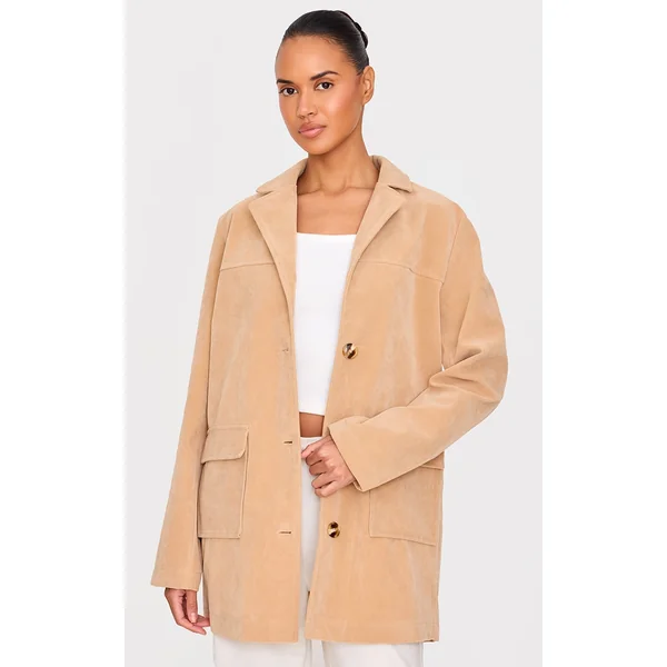Beige Oversized Longline Faux Suede Blazer Coat
