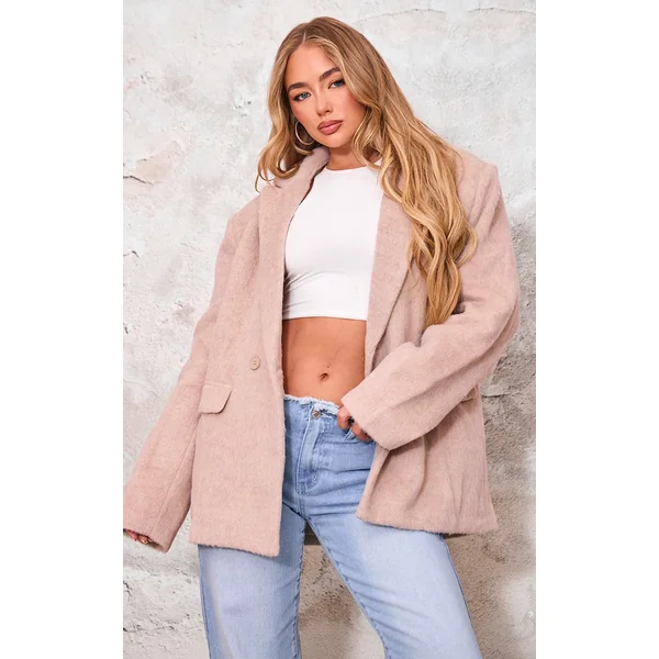 Beige Oversized Textured Wool Look Blazer