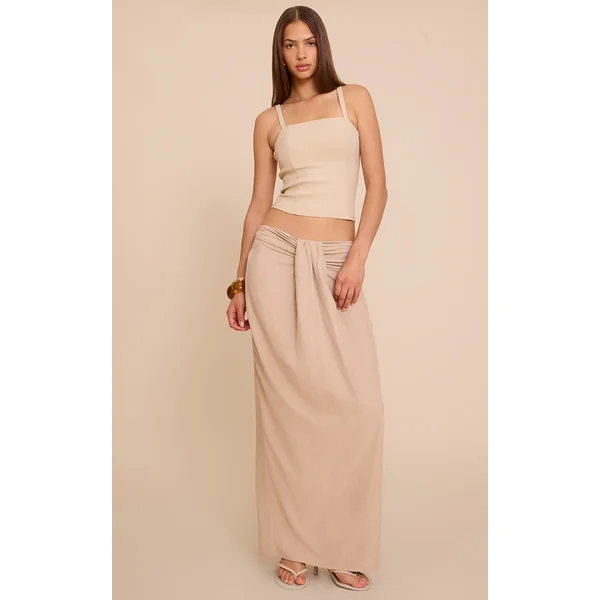 Beige Peachskin Drape Front Maxi Skirt
