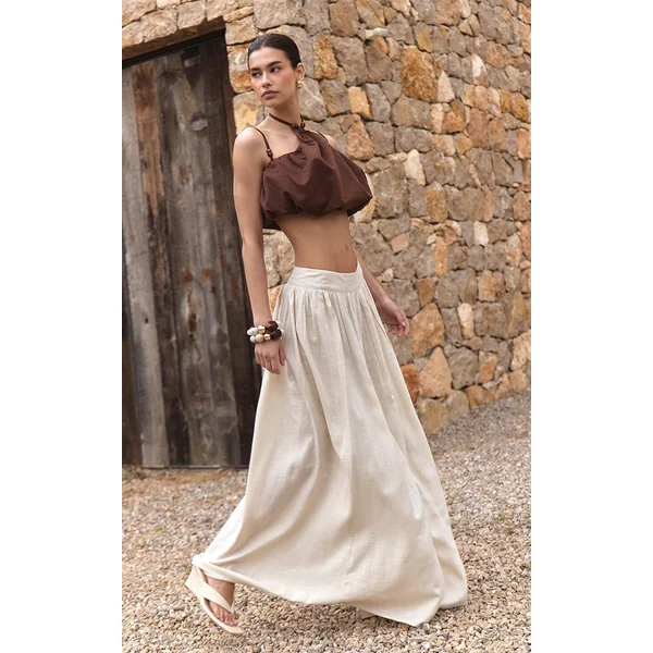 Beige Pleated Linen Look Maxi Skirt