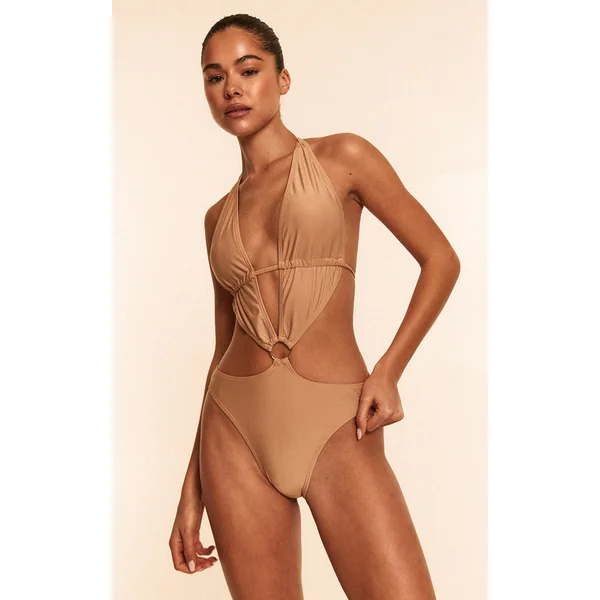 Beige Plunge O Ring Cut Out Swimsuit