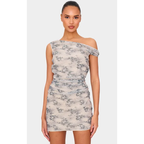 Beige Printed Textured Sequin Off Shoulder Bodycon Dress