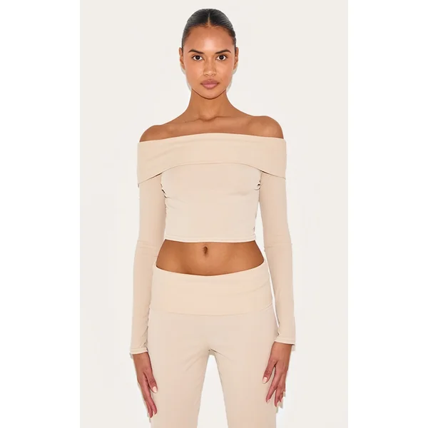 Beige Rib Bardot Foldover Flute Sleeve Longline Top