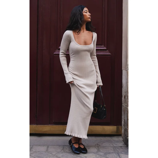 Beige Rib Knit Piquet Hem Maxi Dress