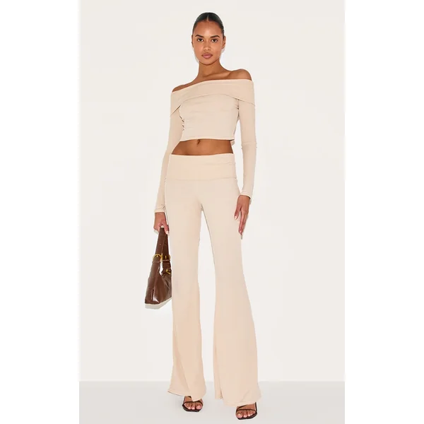 Beige Rib Low Rise Foldover Flared Pants
