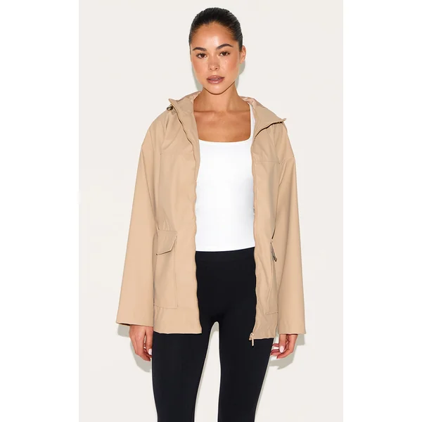 Beige Rubberised Zip Up Jacket With Hood