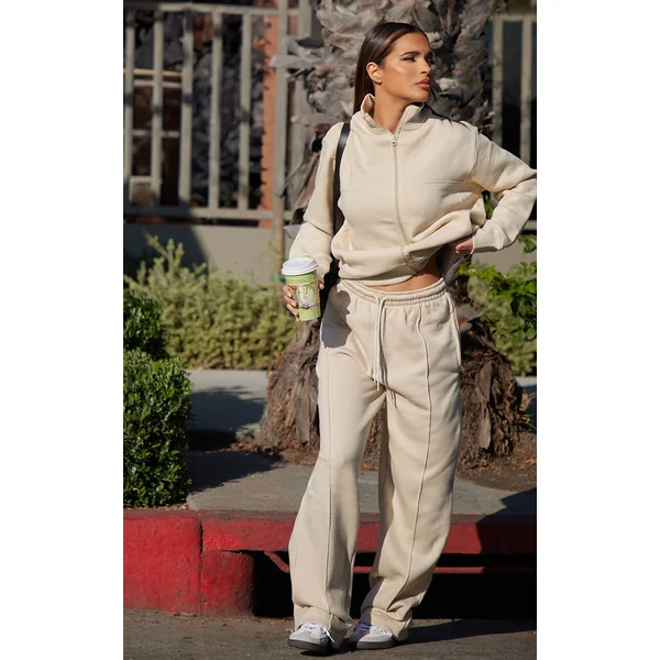 Beige Seam Detailed Straight Leg Sweatpants
