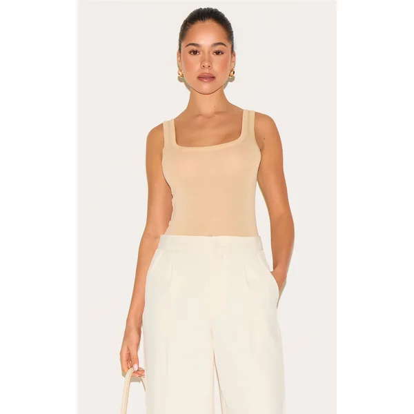 Beige Sheer Soft Touch Scoop Neck Long Vest Top