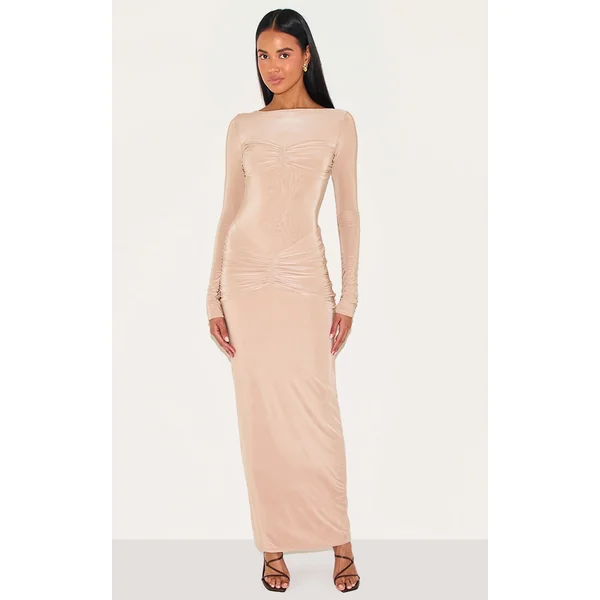 Beige Sinky Ruched Panel Detail Maxi Dress