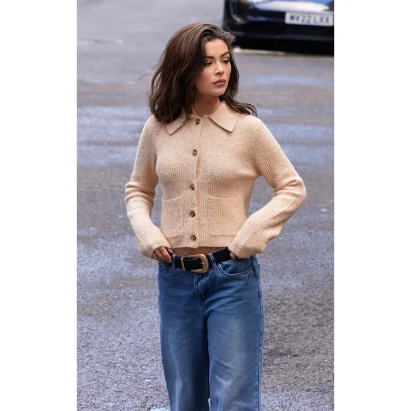 Beige Soft Textured Knit Button Up Collar Detail Cardigan