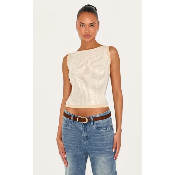 Beige Stripe Waffle Knit Boat Neck Top