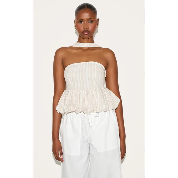 Beige Striped Bubble Hem Top