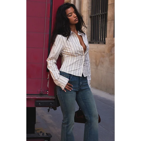 Beige Striped Fitted Shirt