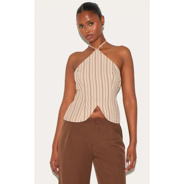 Beige Striped Halterneck Long Top