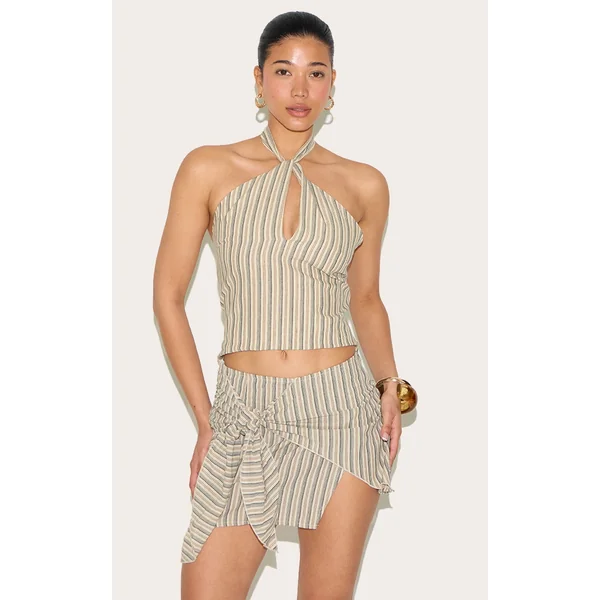 Beige Striped Key Hole Top