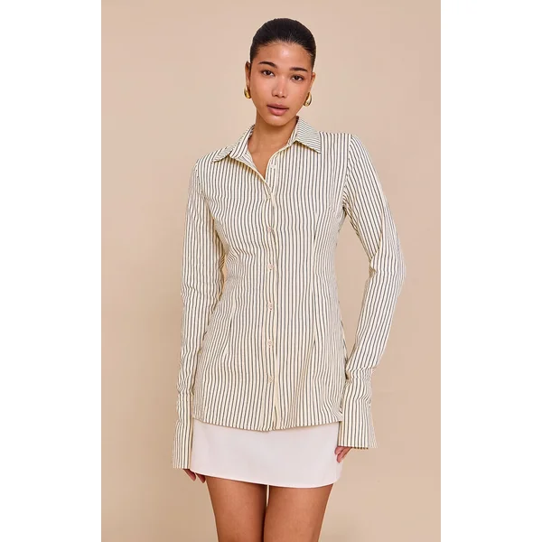 Beige Striped Woven Fitted Shirt