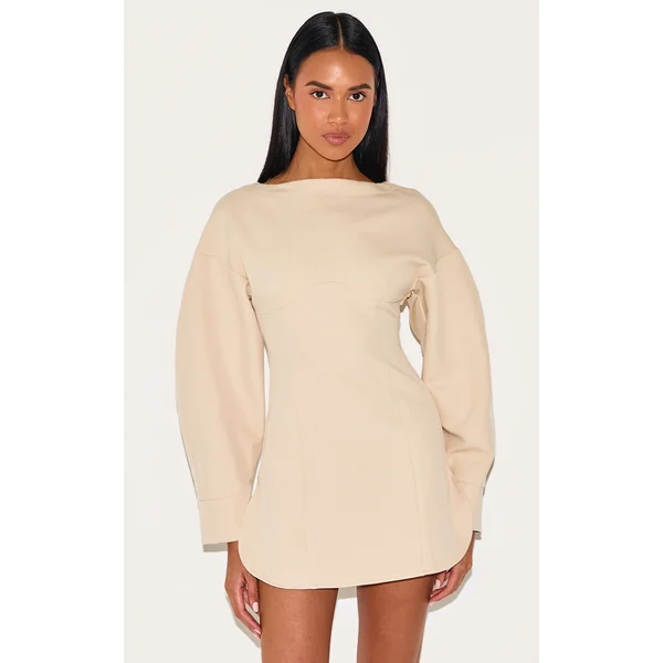 Beige Tailored Long Sleeve Shift Dress