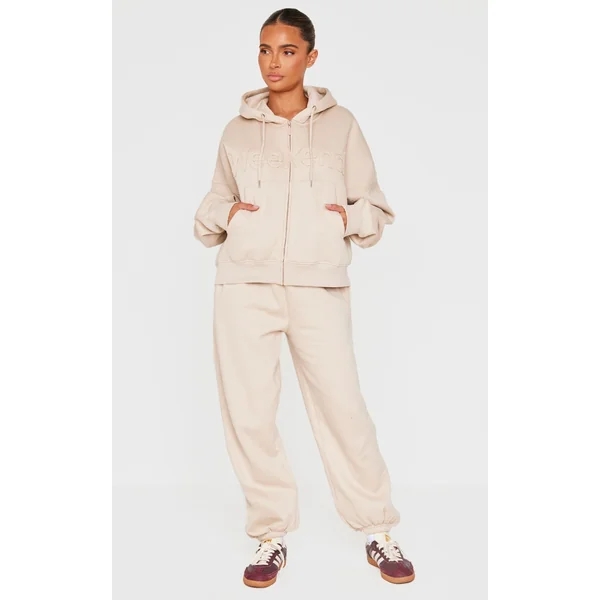 Beige Washed Weekend Applique Thin Waistband Cuffed Sweatpants
