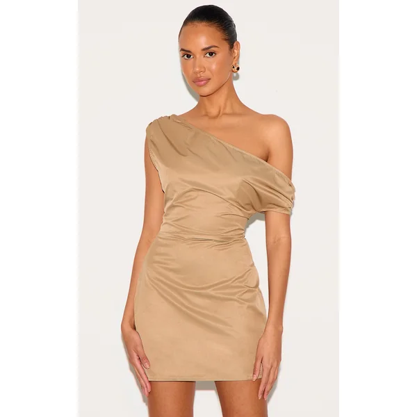 Beige Woven Asymmetric Cup Detail Mini Dress