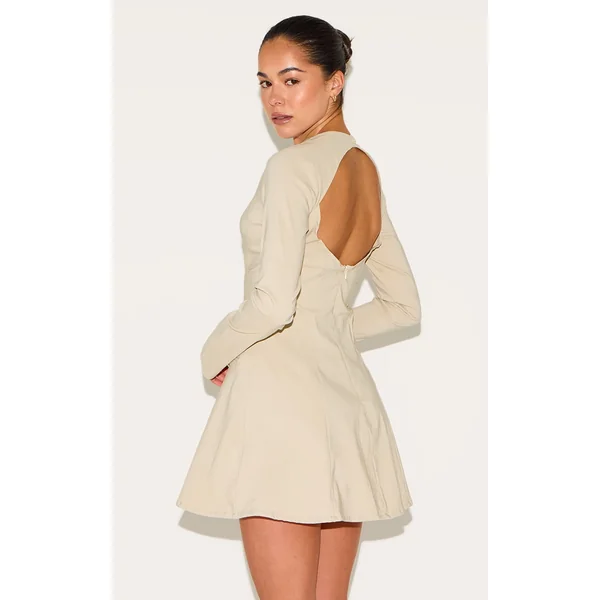 Beige Woven Boat Neck Flare Sleeve Shift Dress