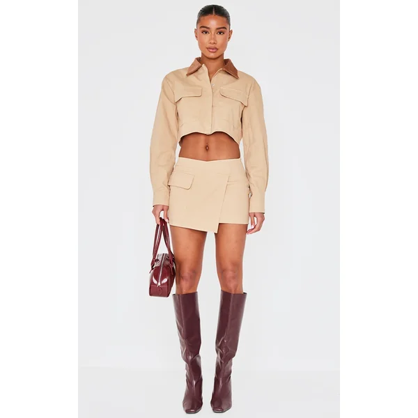 Beige Woven Cargo Wrap Mini Skirt