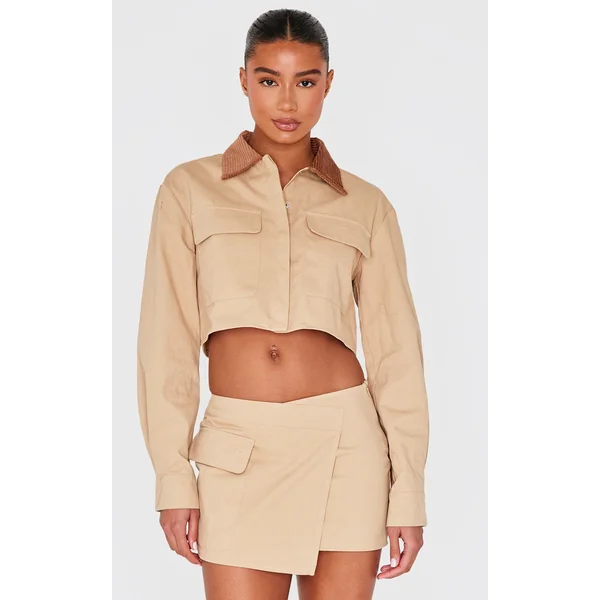 Beige Woven Cropped Cargo Jacket