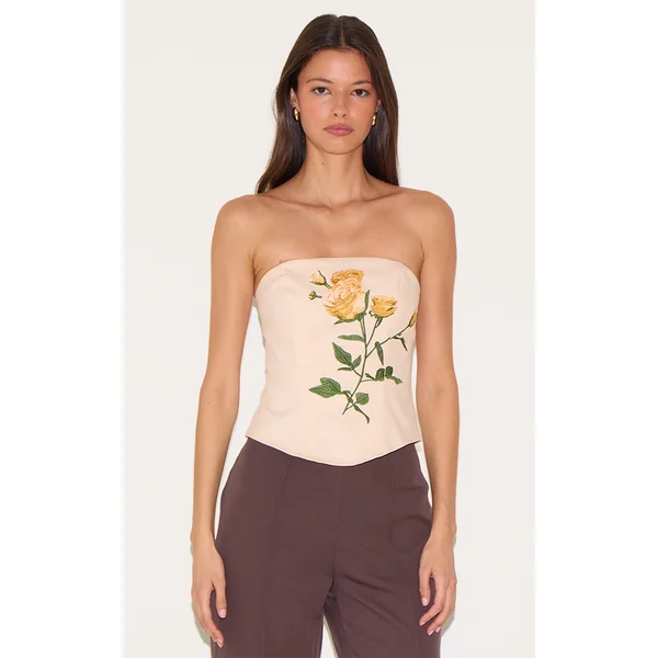 Beige Woven Embroidered Floral Corset