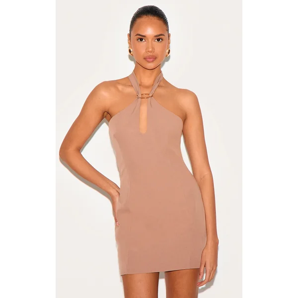 Beige Woven Trim Detail Mini Dress
