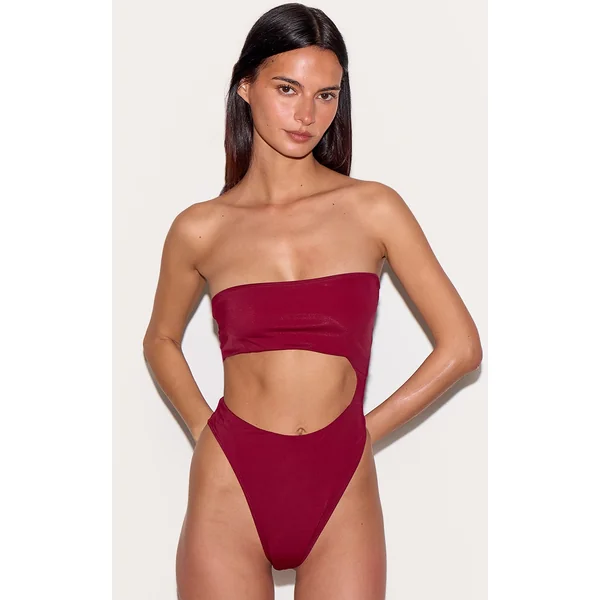 Berry Red Bandeau Cut Out High Leg Swimsuit