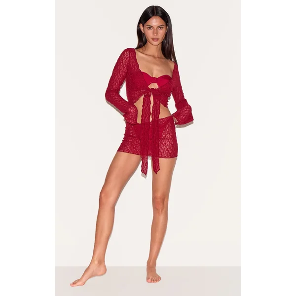 Berry Red Lace Mini Beach Skirt