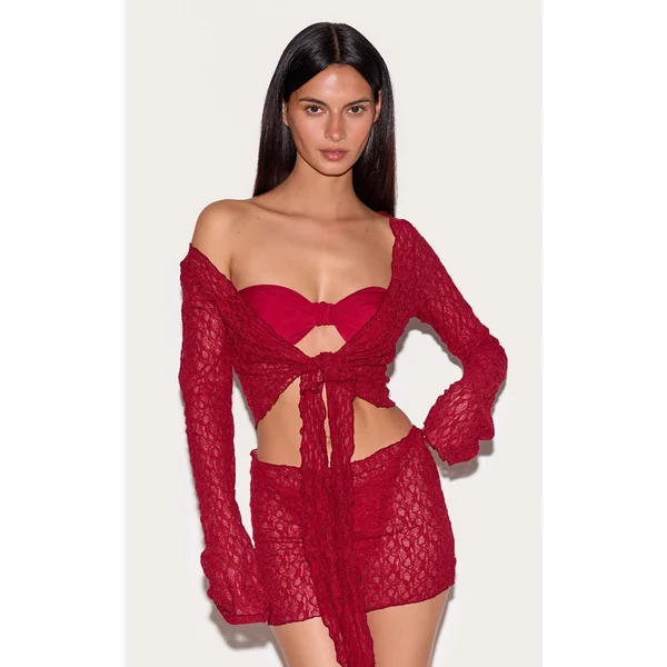 Berry Red Lace Tie Front Beach Top