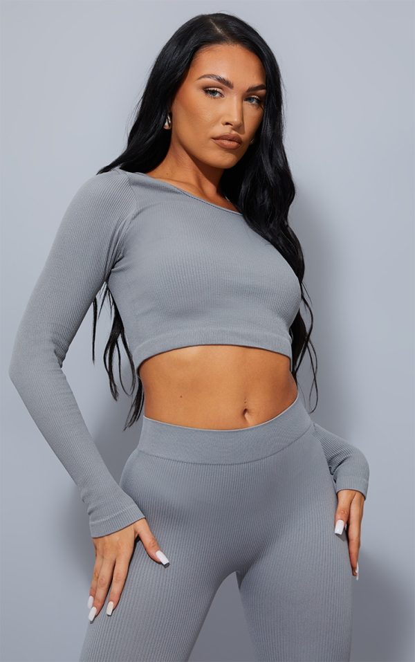 Dark Grey Structured Snatched Ribbed Round Neck Long Sleeve Crop Top