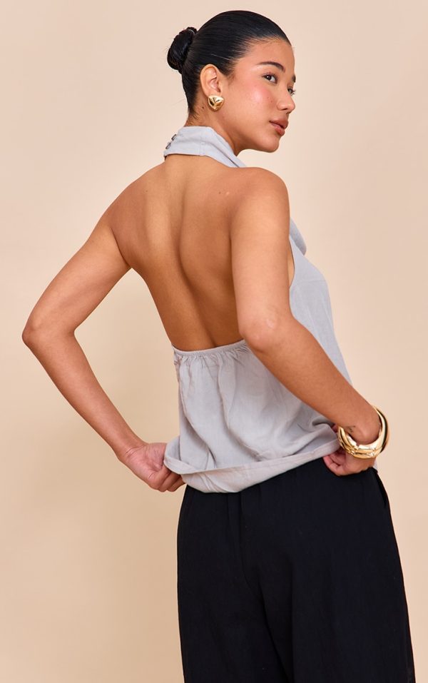 Grey Linen Blend Cowl Neck Backless Long Top