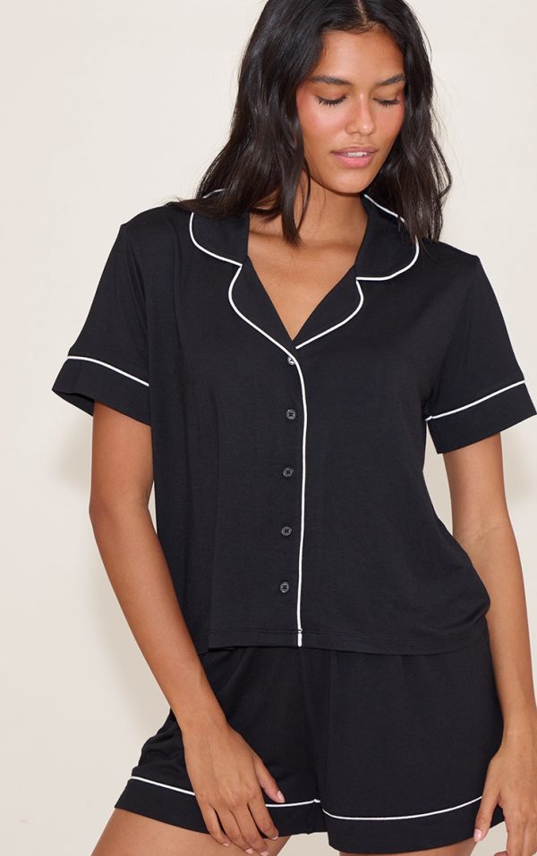 Black Modal Piping Short Pj Set