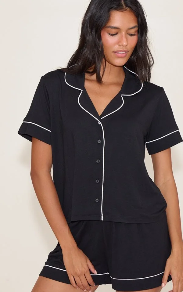 Black Modal Piping Short Pj Set