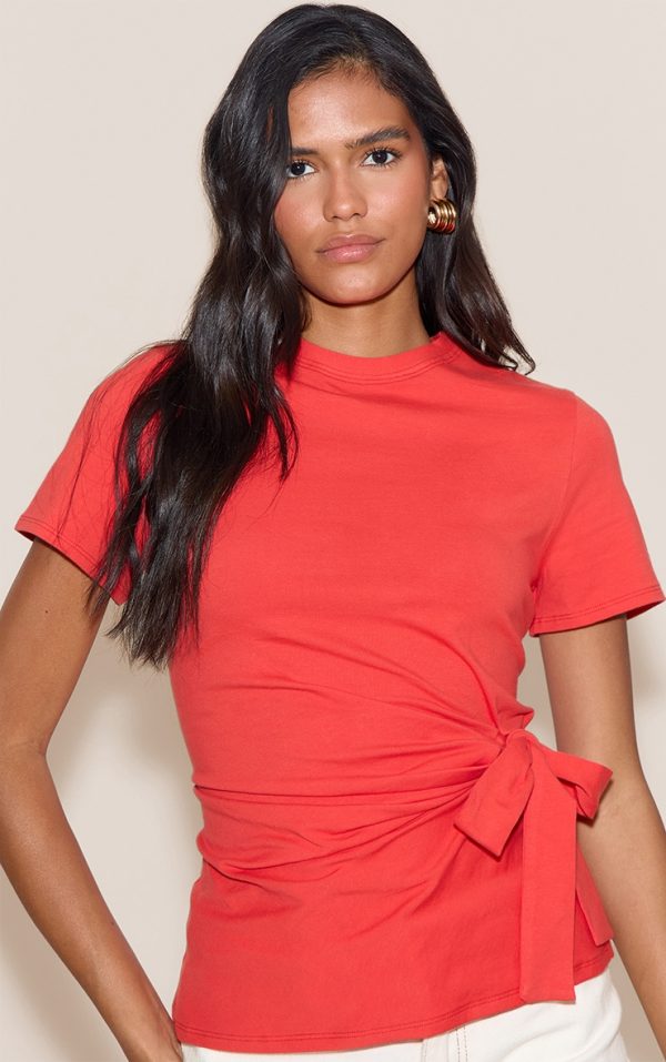 Tomato Red Cotton Tie Detail Oversized T Shirt